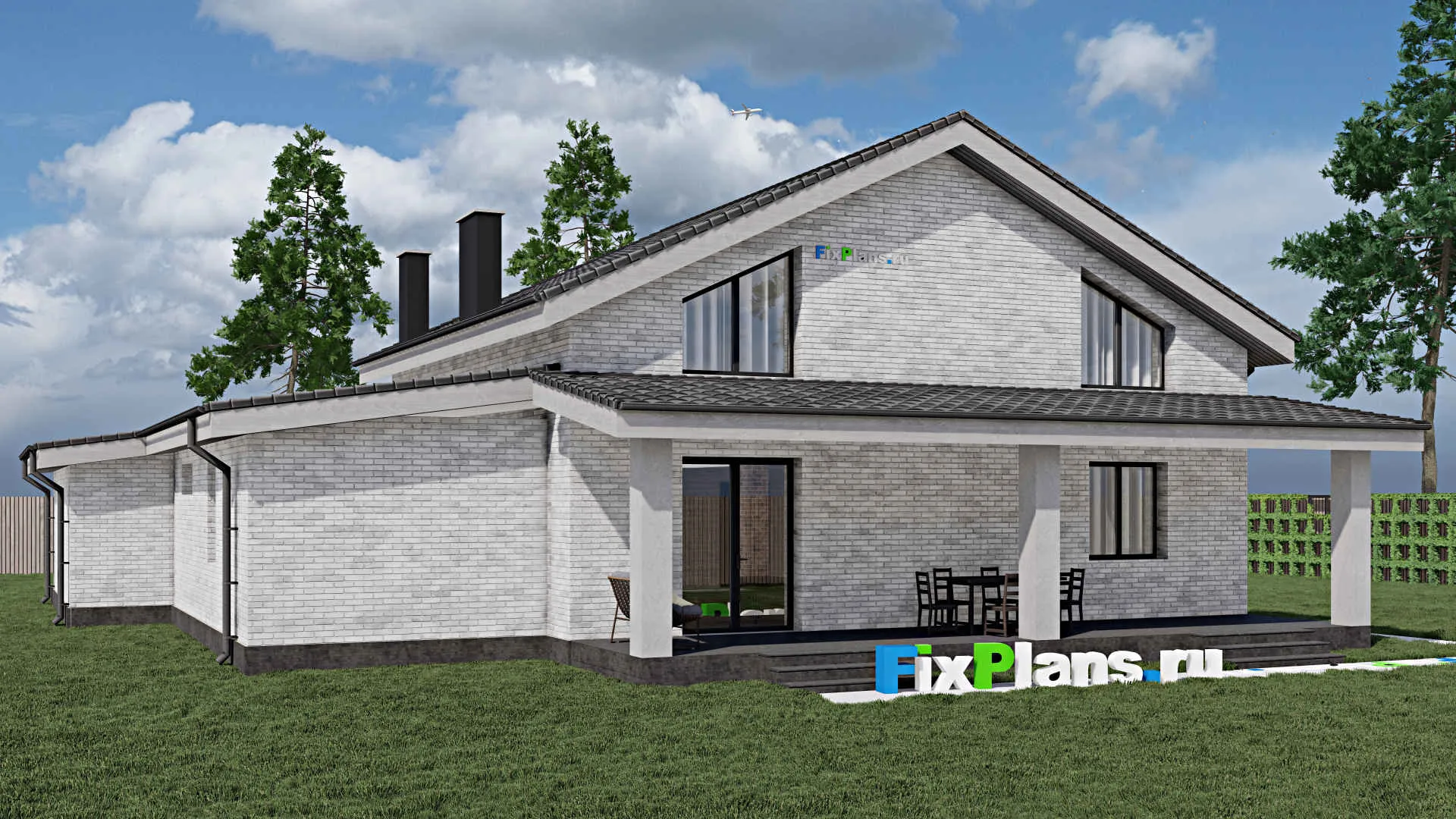 F-1421 - Планы дома с мансардой 17 на 17, площадью 240 м² с террасой, гаражом на 1 машину и 3 спальнями