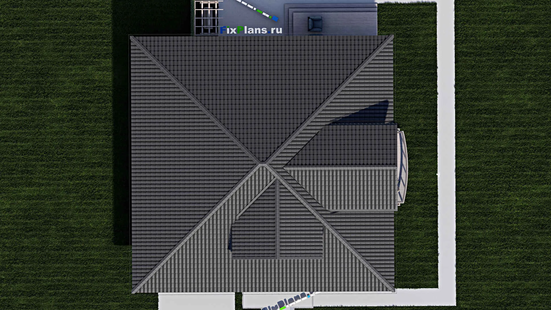 F-0413 - Проект дома с мансардой 15 на 17, площадью 250 м² с террасой, балконом, гаражом на 1 машину и 4 спальнями