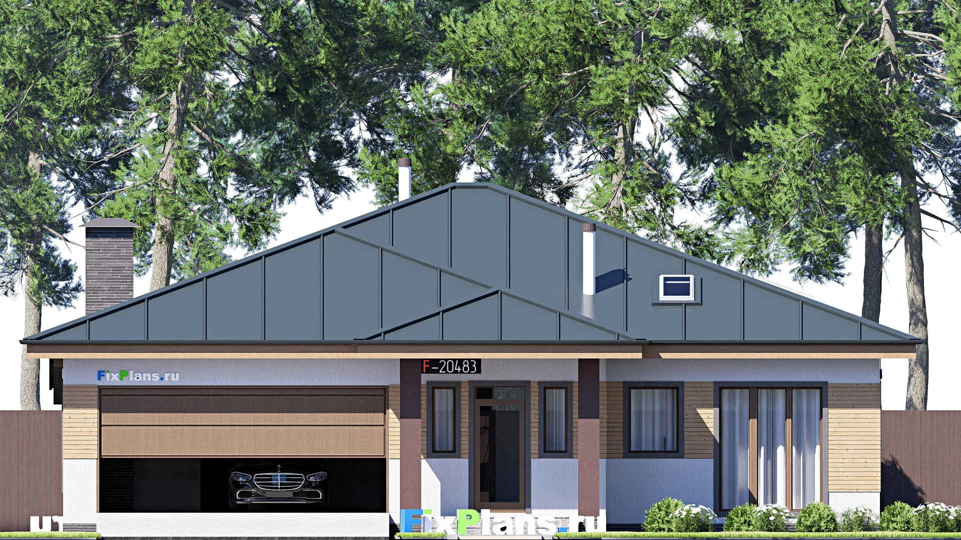 F-20483 - Проект одноэтажного дома 16 на 20, площадью 230 м² с террасой, гаражом на 2 машины и 3 спальнями