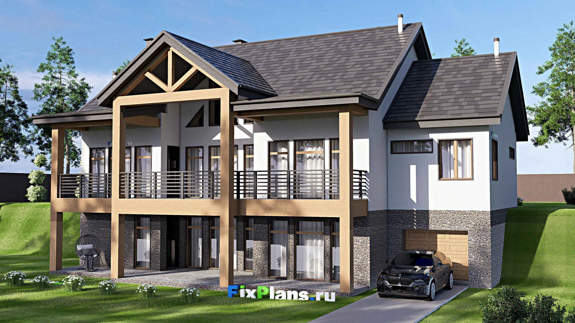 F-20645 - Проект двухэтажного дома 18 на 20, площадью 440 м² с террасой, цокольным этажом, гаражом на 1 машину и 3 спальнями