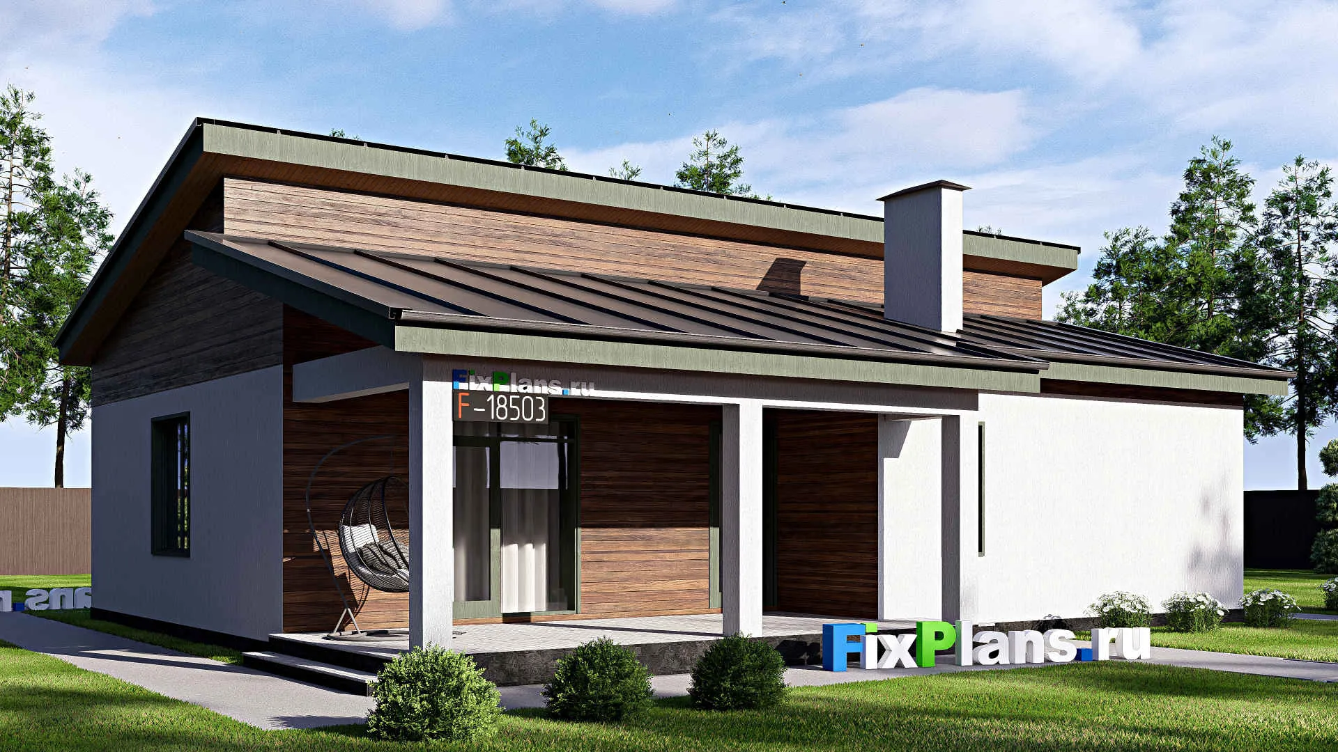 F-18503 - Проект одноэтажного дома 12 на 15, площадью 130 м² с террасой и 3 спальнями