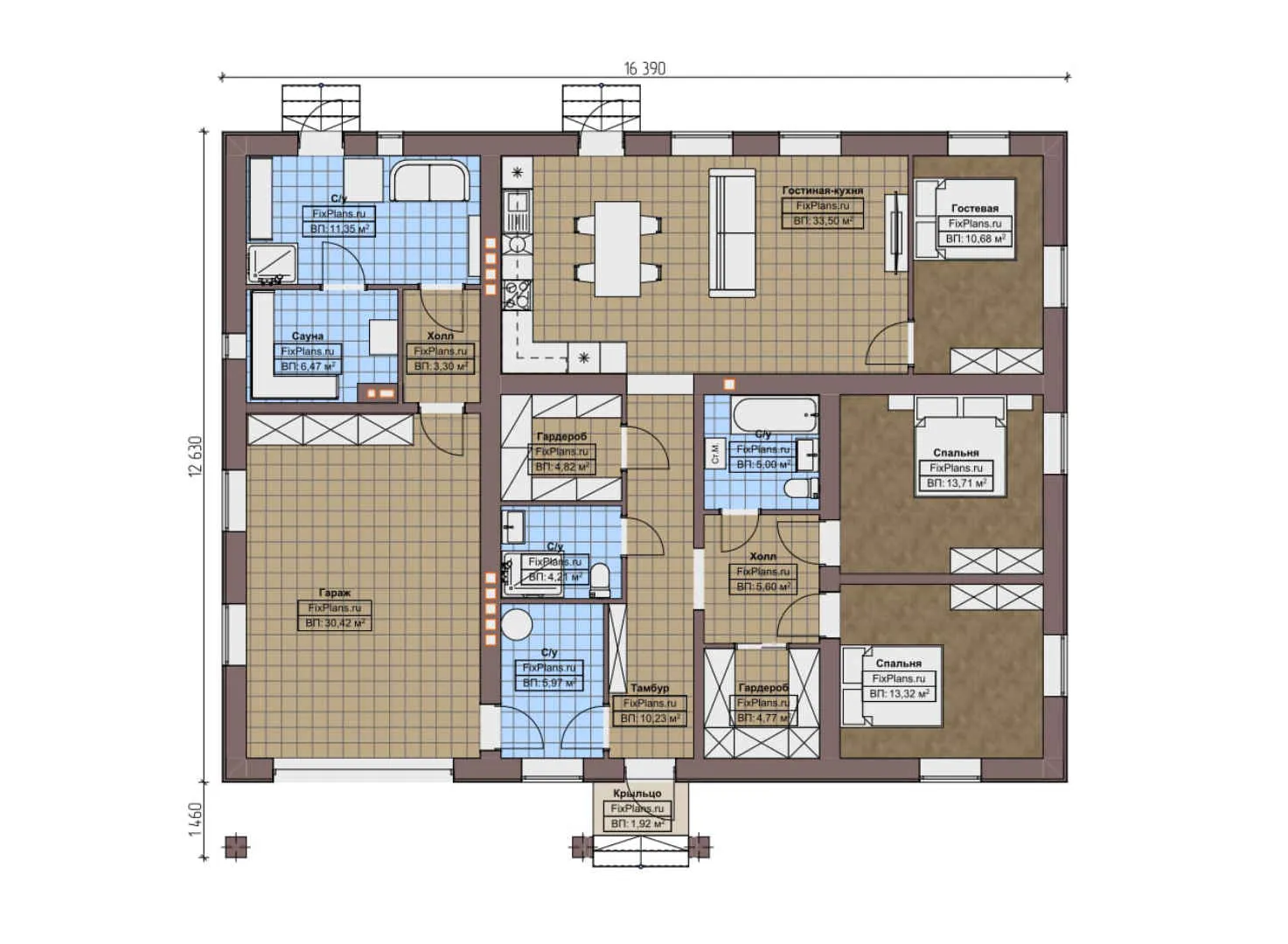 F-9008 - План одноэтажного дома 14 на 17, площадью 170 м² с баней, гаражом на 1 машину и 2 спальнями
