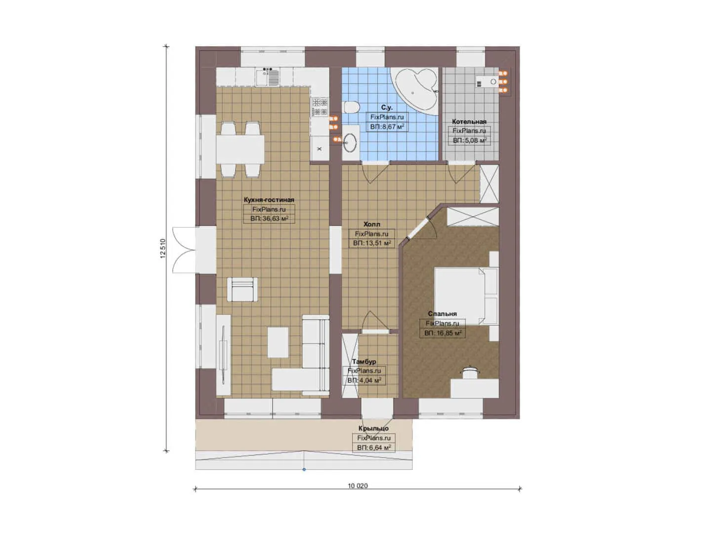 F-19781 - План одноэтажного дома 11 на 13, площадью 100 м² с 1 спальнями