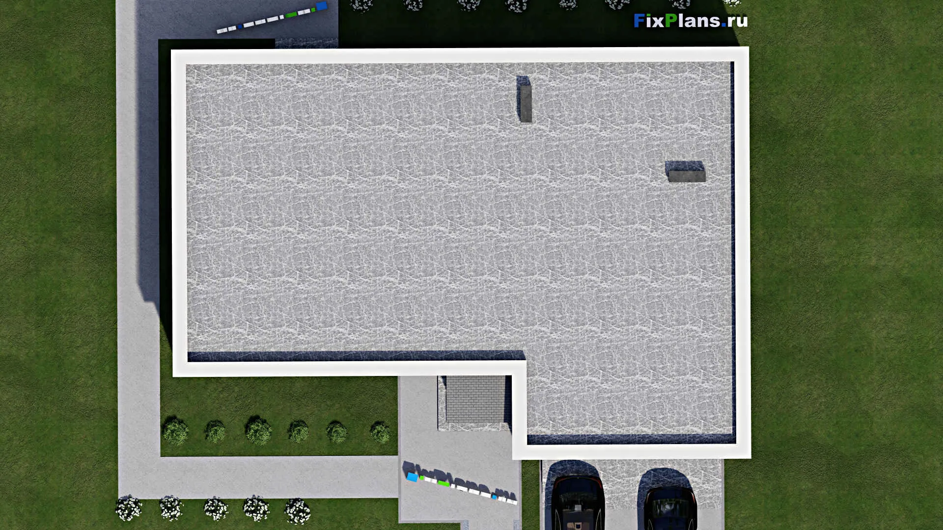 F-4976 - План одноэтажного дома 15 на 20, площадью 210 м² с террасой, гаражом на 2 машины и 3 спальнями