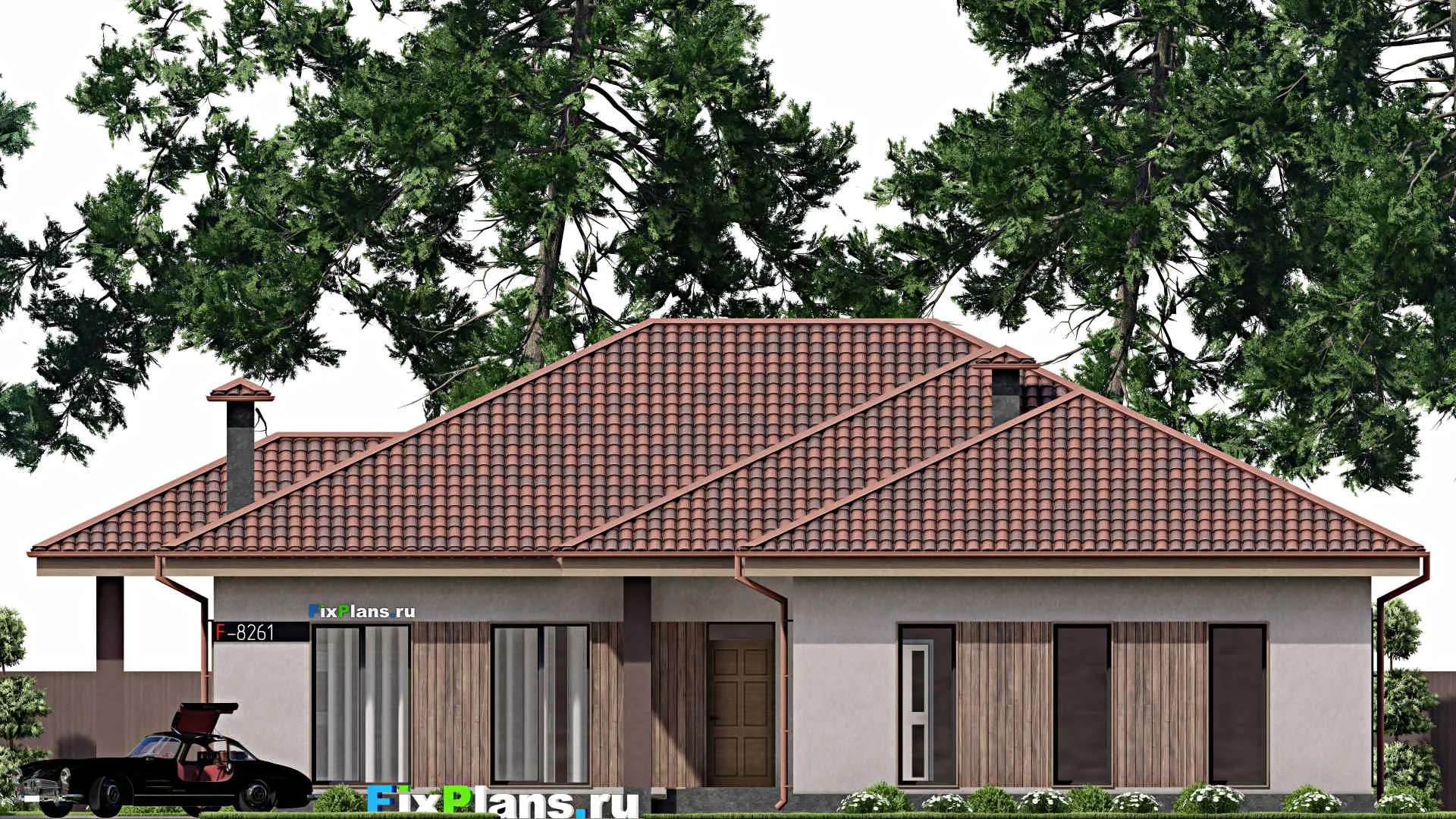 F-8261 - План одноэтажного дома 19 на 20, площадью 230 м² с террасой, гаражом на 2 машины и 3 спальнями