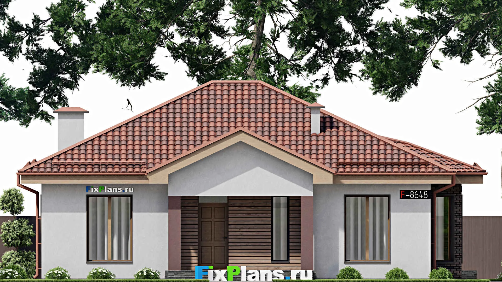 F-8648 - Проект одноэтажного дома 14 на 15, площадью 130 м² с террасой и 3 спальнями