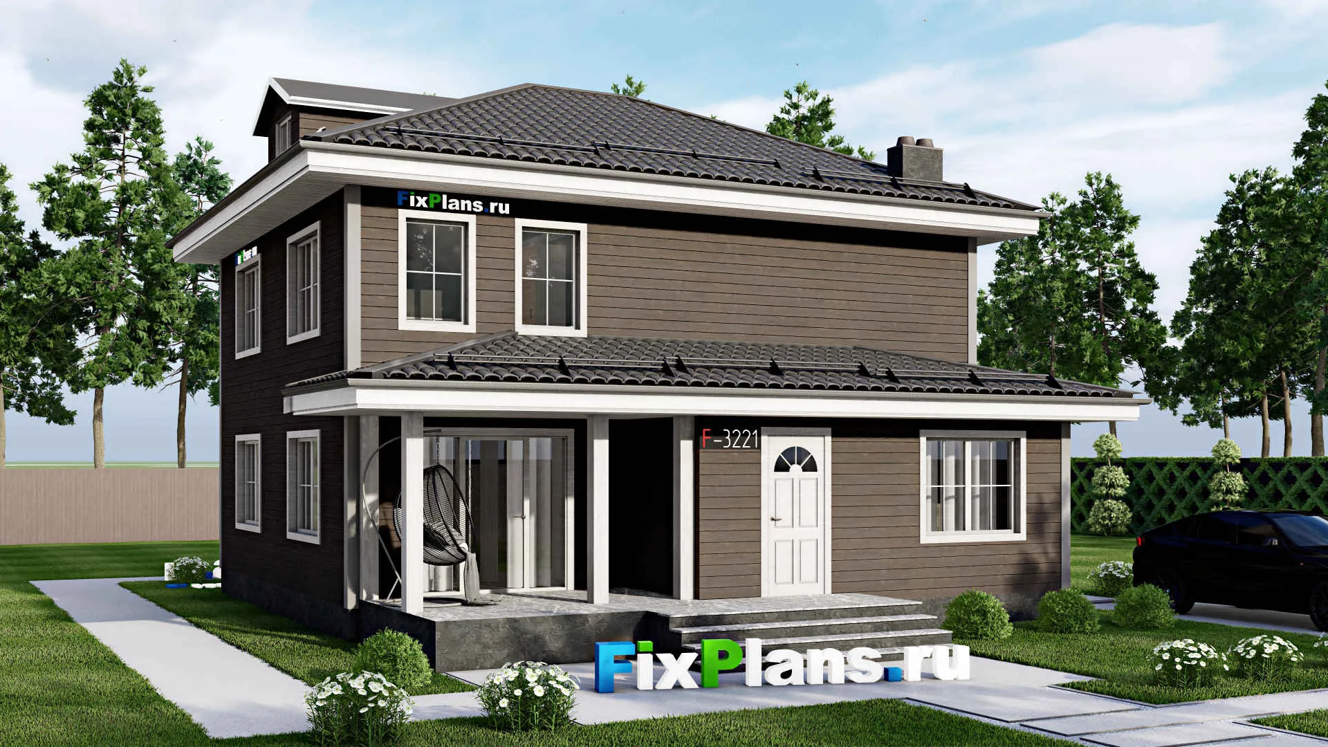 F-3221 - Проект двухэтажного дома 10 на 11, площадью 140 м² с террасой и 3 спальнями