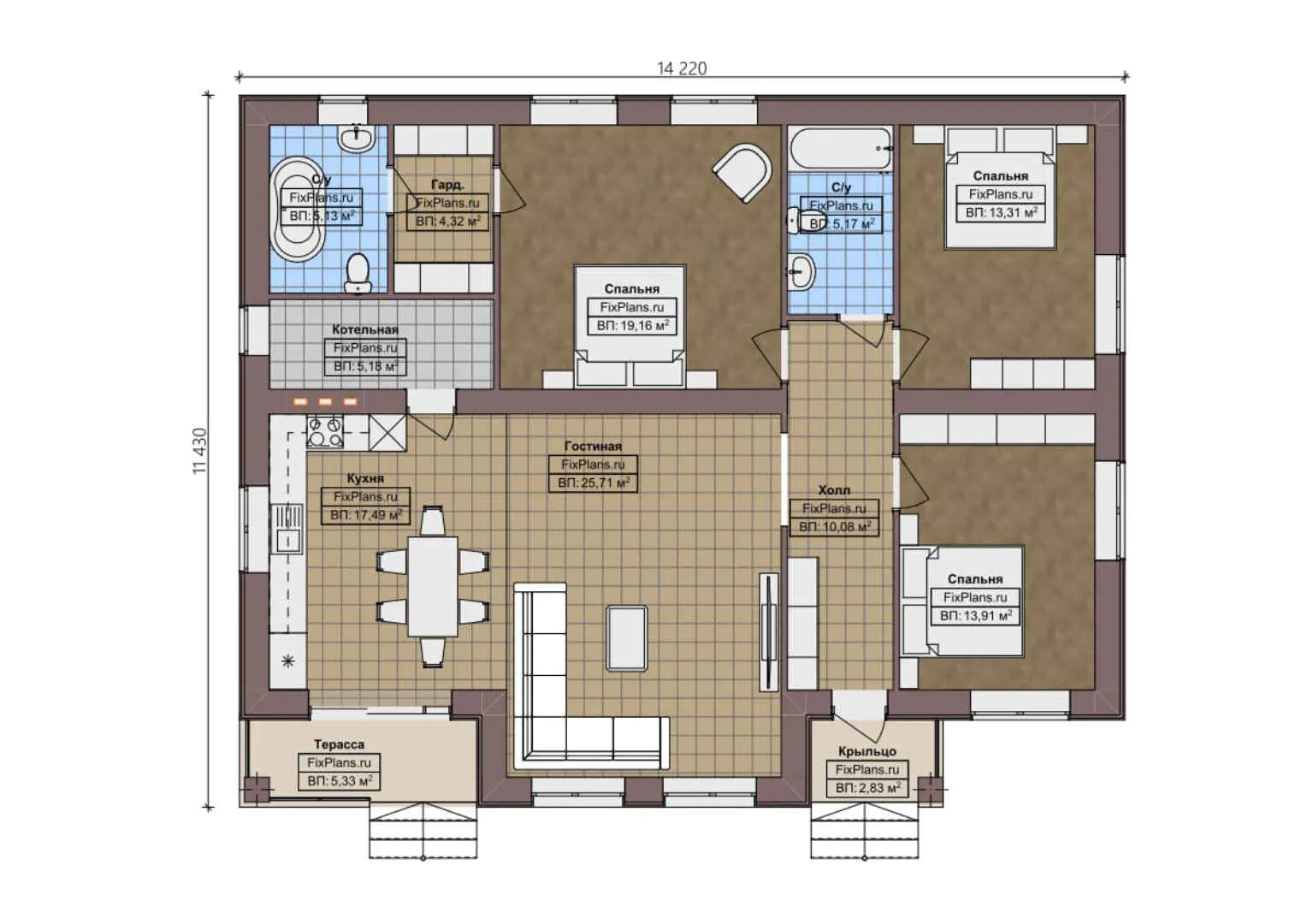 F-0872i - План одноэтажного дома 12 на 15, площадью 130 м² с террасой и 3 спальнями