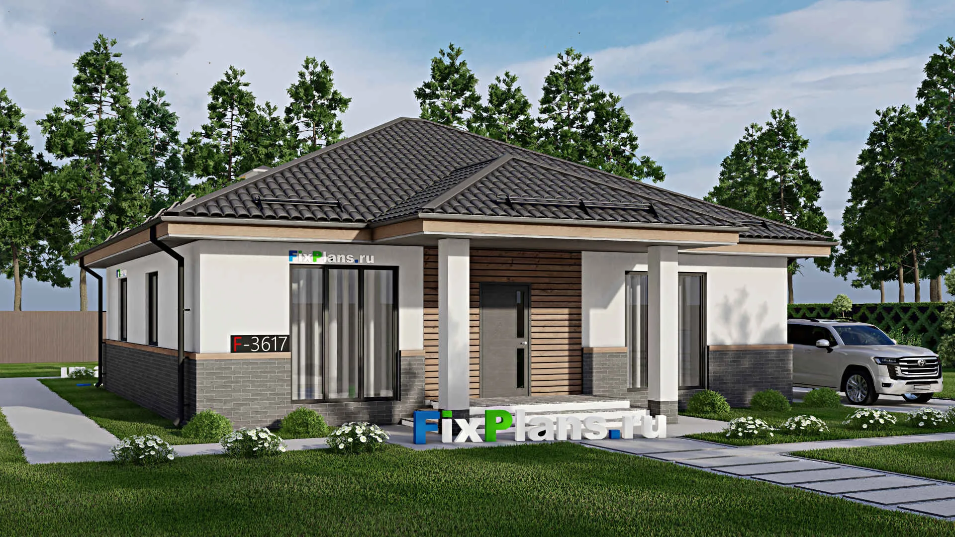 F-3617 - Проект одноэтажного дома 12 на 13, площадью 160 м² с террасой и 3 спальнями