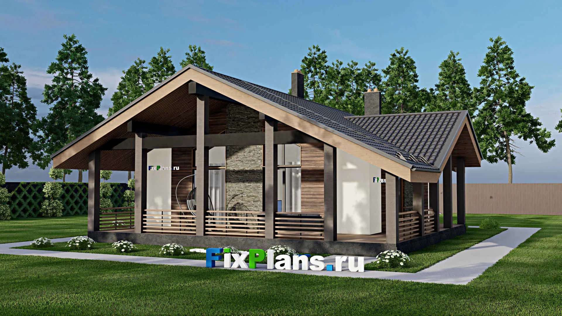 F-5174 - План одноэтажного дома 11 на 11, площадью 140 м² с террасой и 1 спальнями