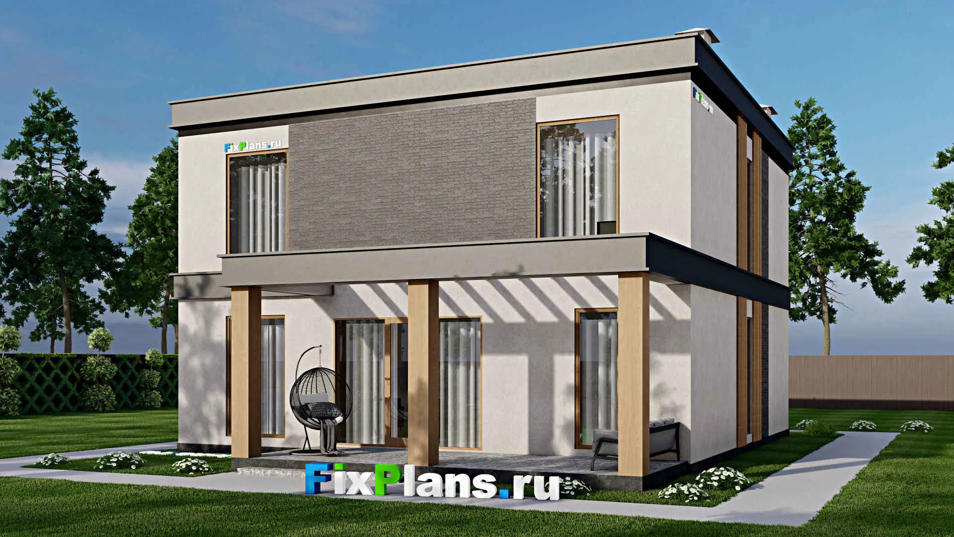 F-8666 - Планы двухэтажного дома 12 на 12, площадью 230 м² с террасой, балконом и 4 спальнями