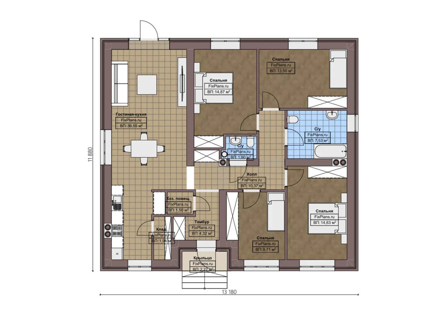 F-3176 - План одноэтажного дома 12 на 14, площадью 120 м² с 4 спальнями