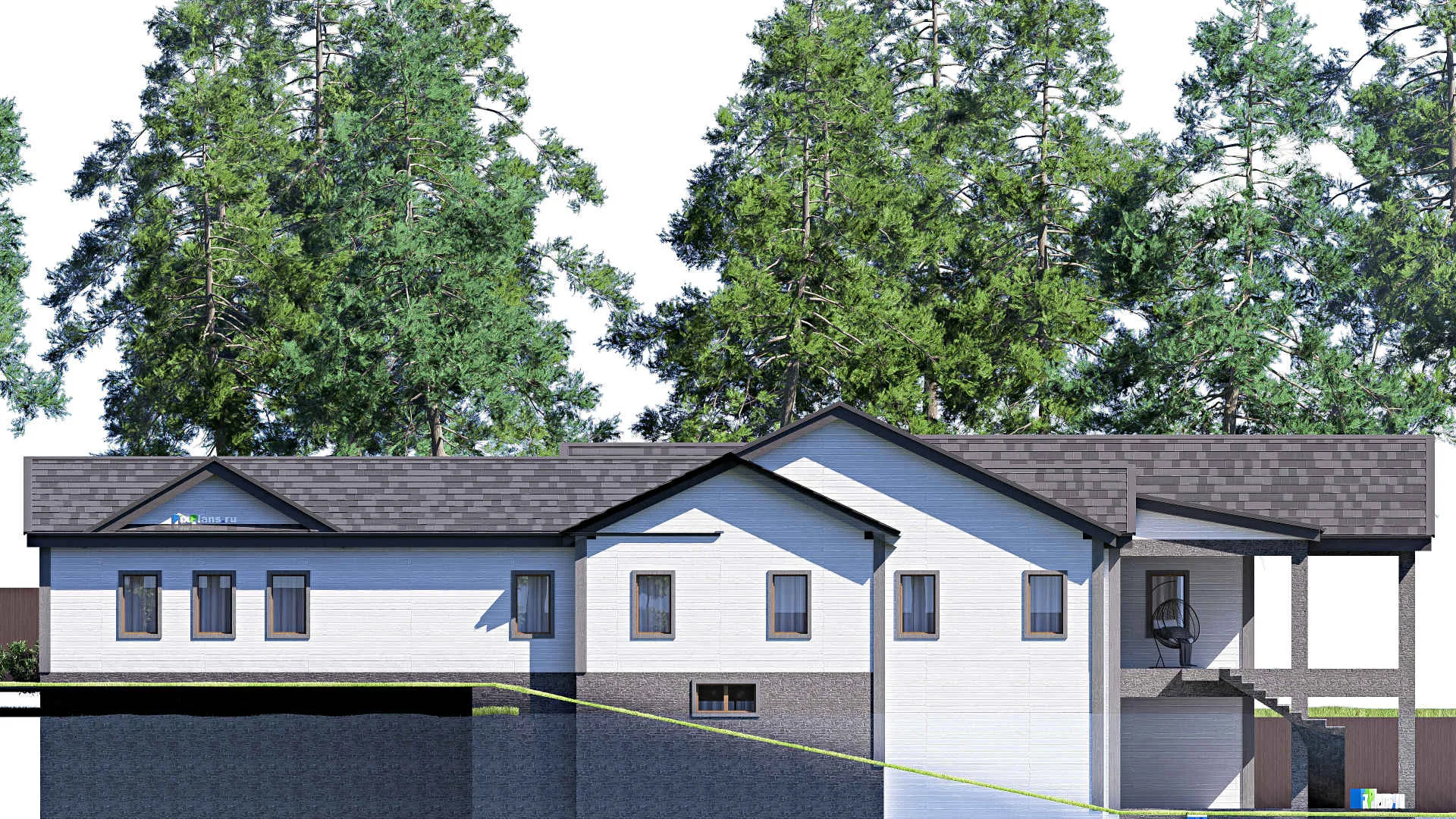 F-17162 - Проект одноэтажного дома 21 на 34, площадью 710 м² с террасой, цокольным этажом, гаражом на 2 машины и 4 спальнями