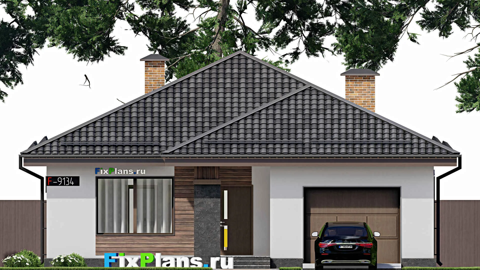 F-9134 - Проект одноэтажного дома 12 на 17, площадью 150 м² с террасой, гаражом на 1 машину и 3 спальнями
