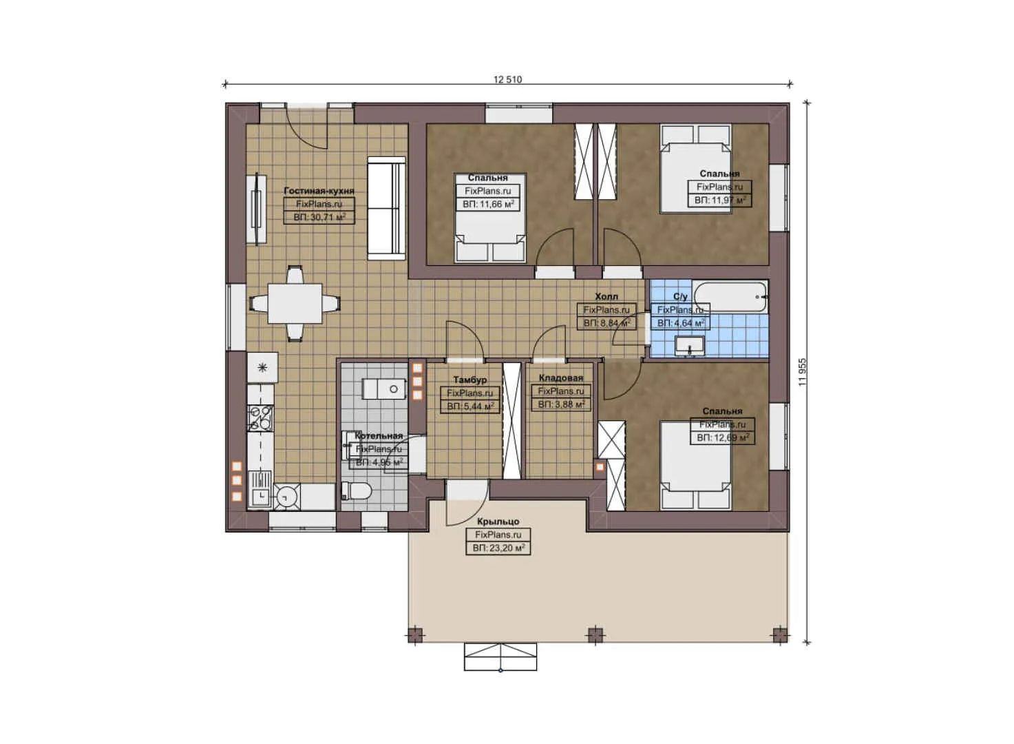 F-7406 - План одноэтажного дома 12 на 13, площадью 120 м² с 3 спальнями