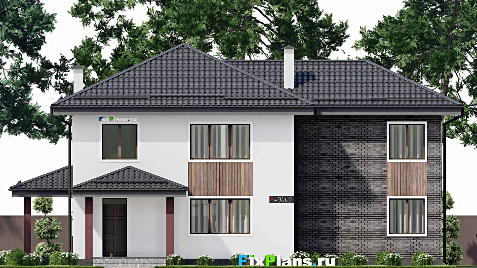 F-9449 - Планы двухэтажного дома 15 на 17, площадью 230 м² с террасой и 5 спальнями