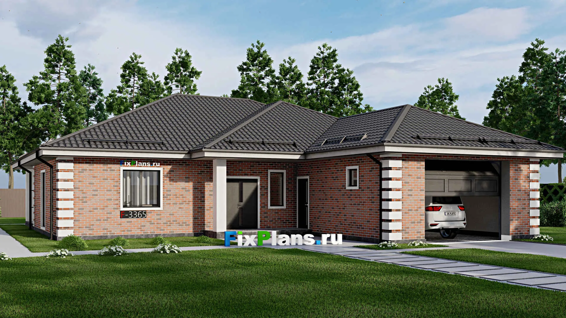 F-3365 - Проект одноэтажного дома 17 на 20, площадью 230 м² с террасой, гаражом на 2 машины и 3 спальнями