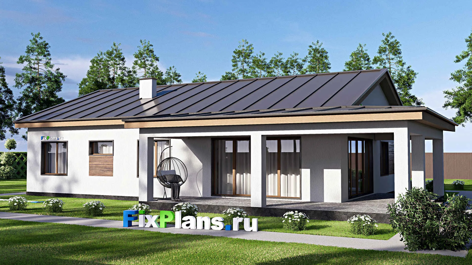 F-18161 - Проект одноэтажного дома 17 на 20, площадью 220 м² с террасой и 3 спальнями