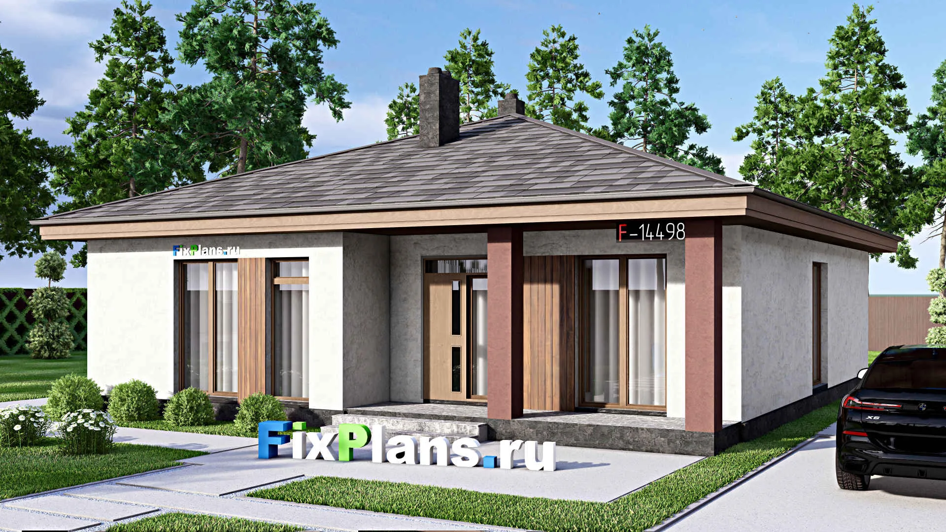 F-14498 - Проект одноэтажного дома 12 на 14, площадью 130 м² с террасой и 3 спальнями