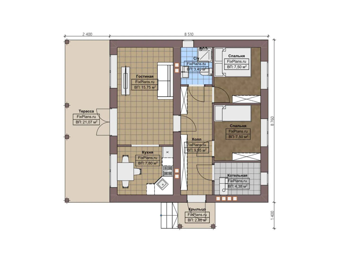 F-4418 - План одноэтажного дома 9 на 9, площадью 80 м² с террасой и 2 спальнями