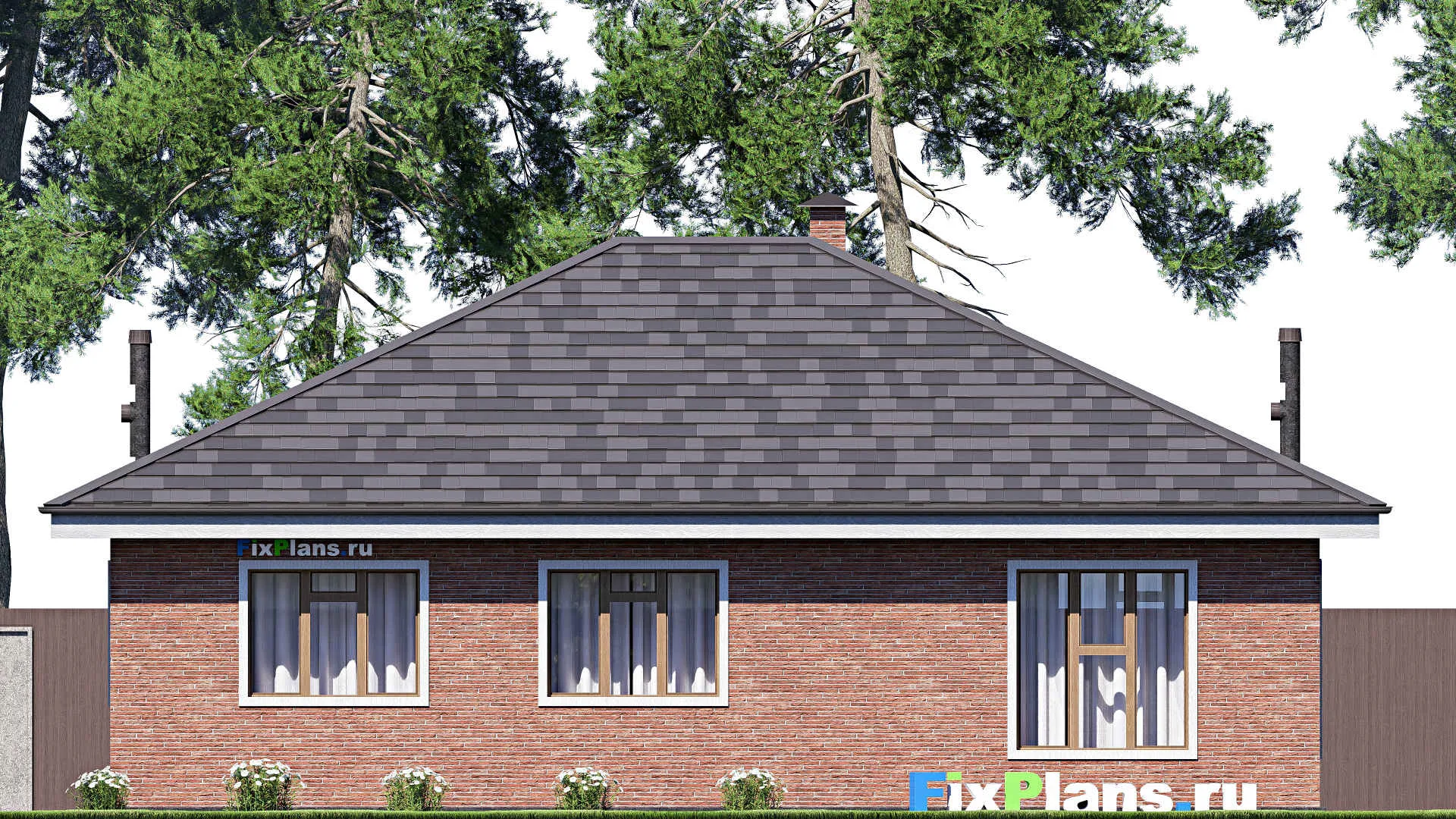 F-19385 - Проект одноэтажного дома 13 на 14, площадью 130 м² с террасой и 3 спальнями