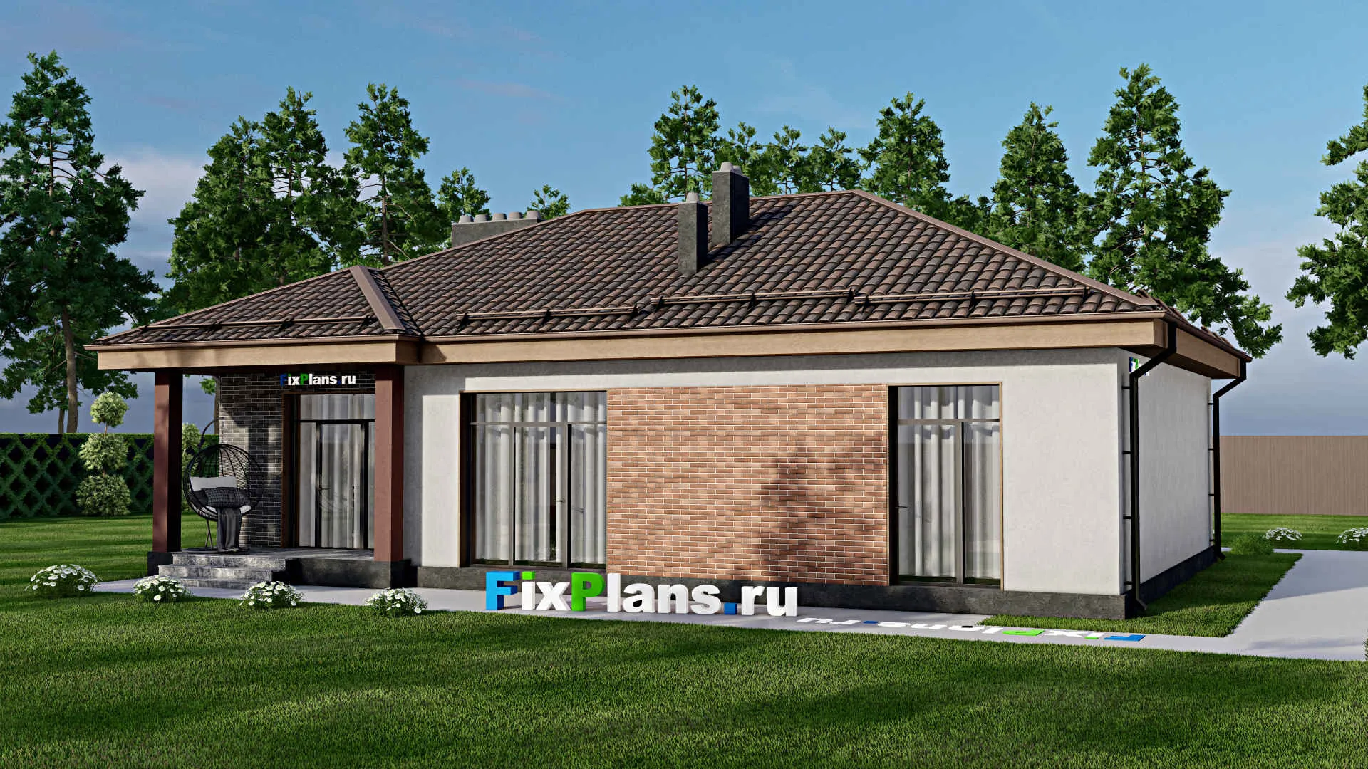 F-7469 - Проект одноэтажного дома 14 на 16, площадью 140 м² с террасой, гаражом на 1 машину и 3 спальнями