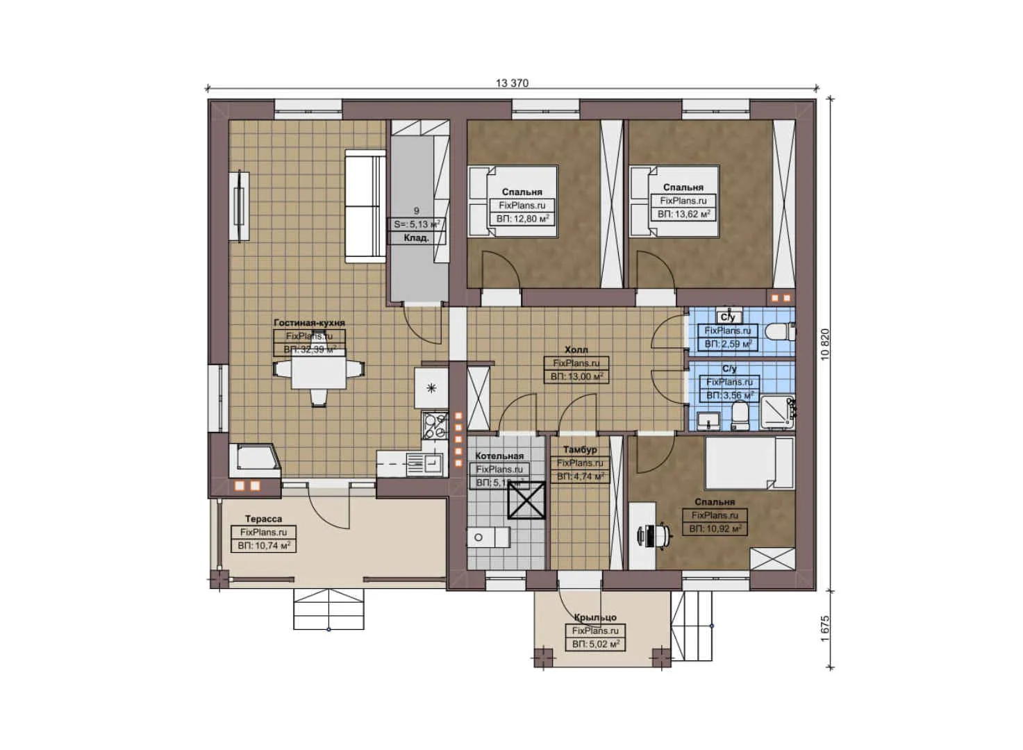 F-7874 - План одноэтажного дома 11 на 14, площадью 120 м² с террасой и 3 спальнями