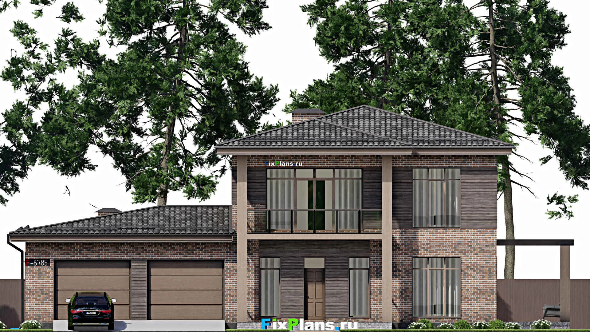 F-6785 - Планы двухэтажного дома 15 на 23, площадью 330 м² с террасой, балконом, гаражом на 2 машины и 4 спальнями