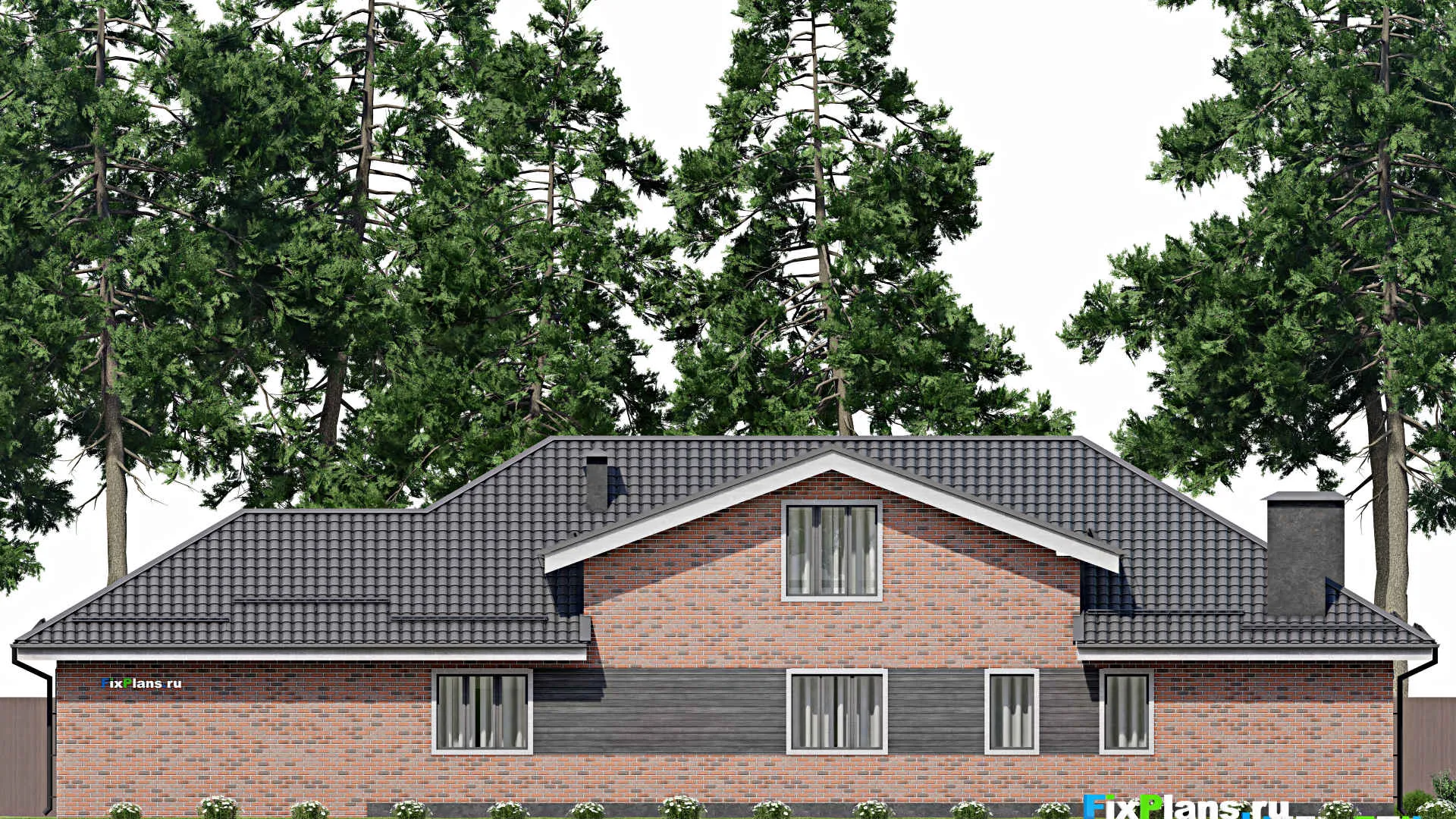 F-3779 - Проект дома с мансардой 15 на 26, площадью 400 м² с террасой, балконом, баней, гаражом на 1 машину и 3 спальнями