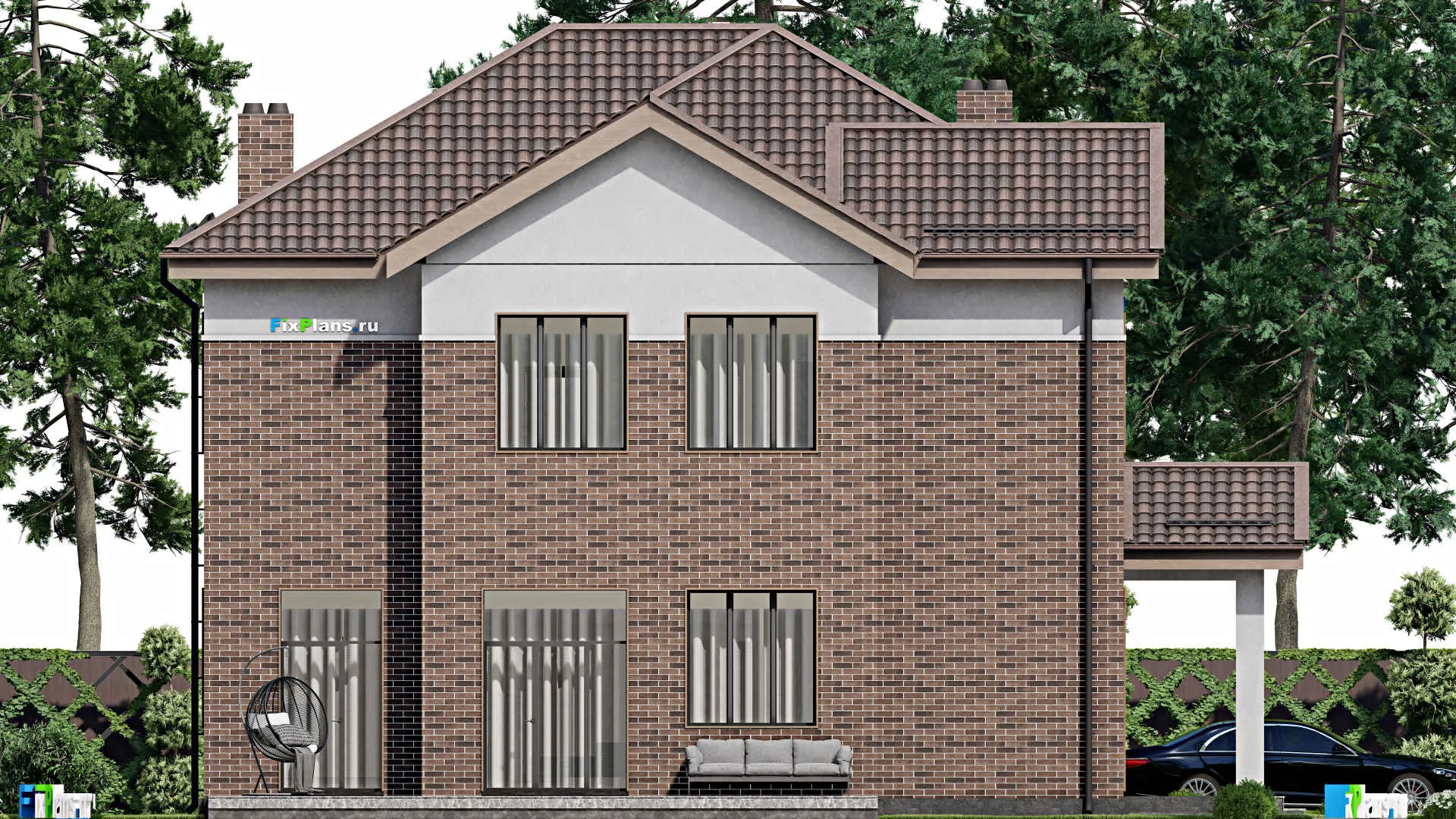 F-2537i - Планы двухэтажного дома 16 на 17, площадью 290 м² с террасой, гаражом на 1 машину и 5 спальнями