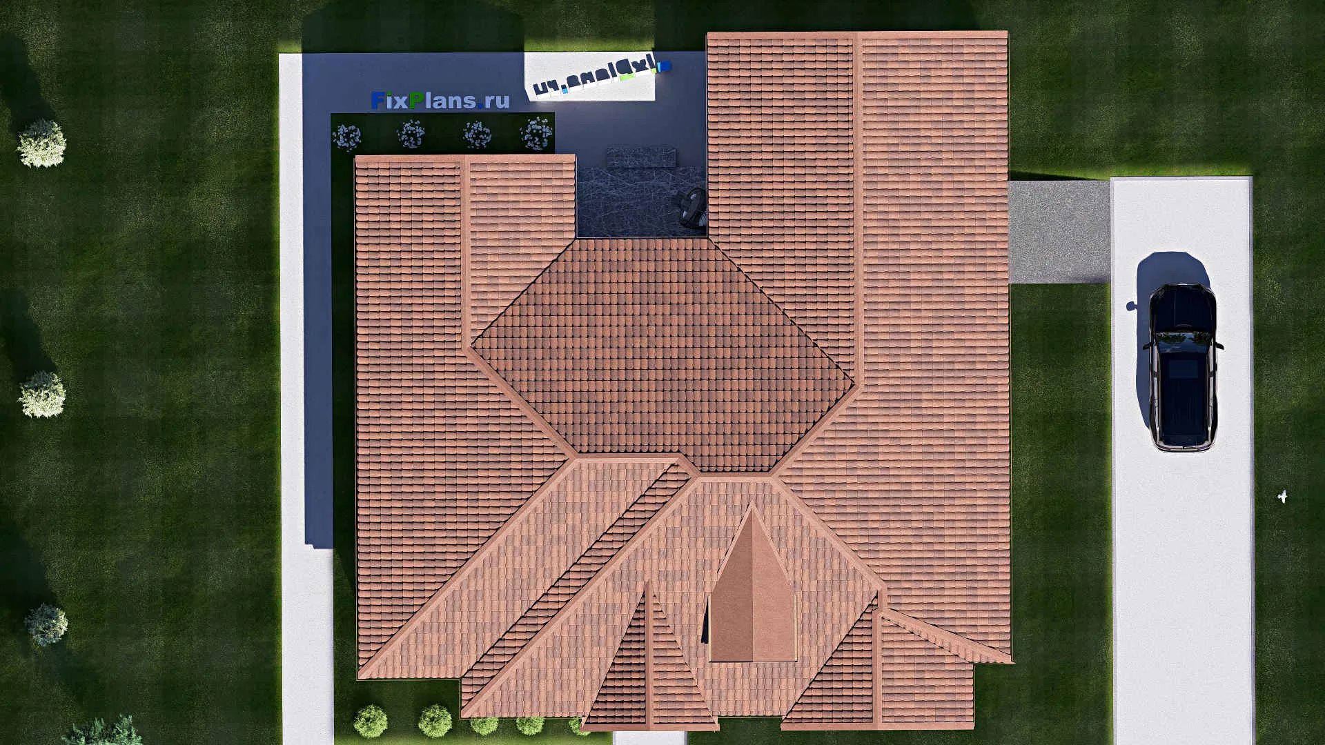 F-19871 - Проект одноэтажного дома 18 на 20, площадью 250 м² с террасой, гаражом на 2 машины и 3 спальнями