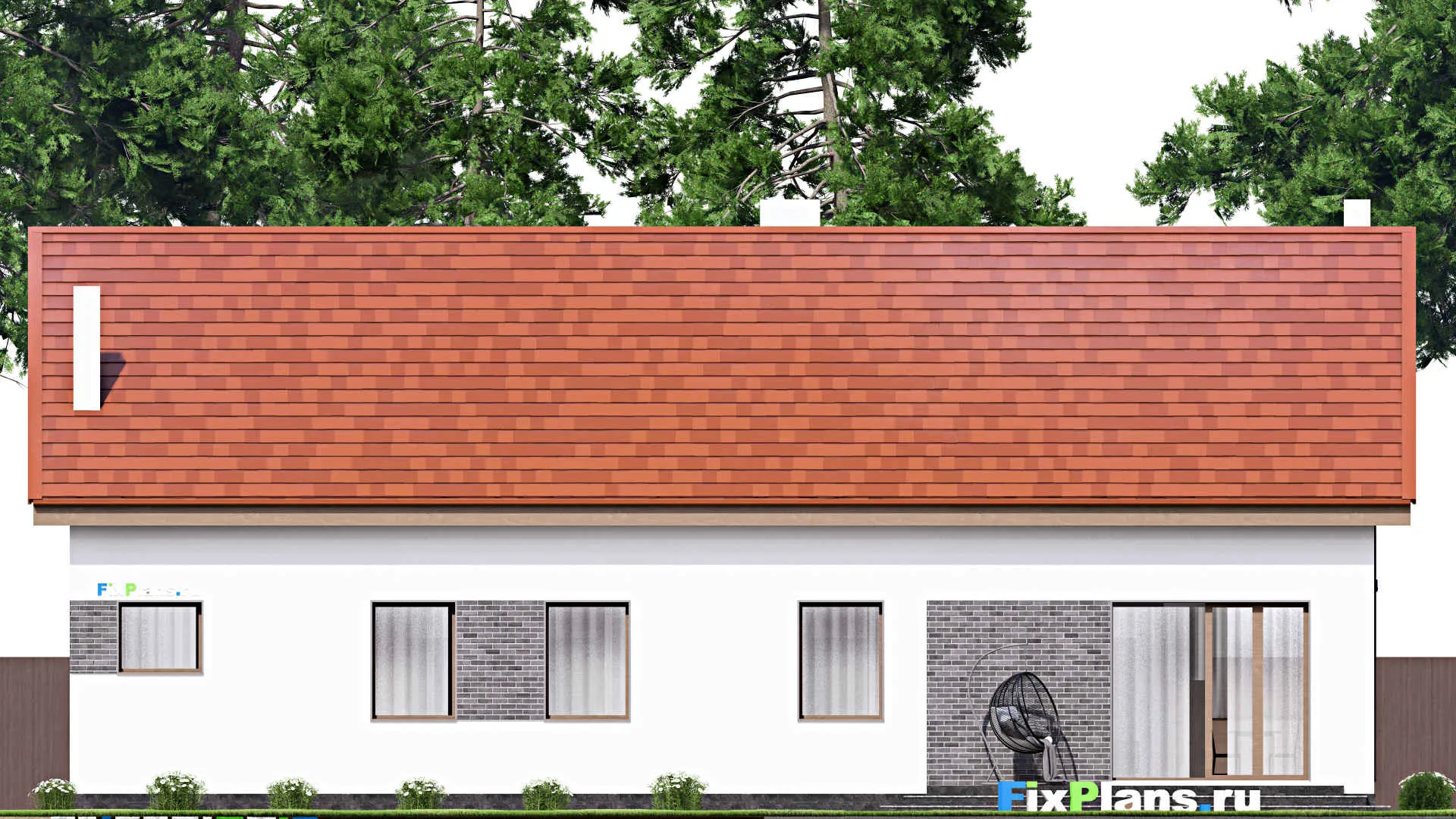 F-16631 - План одноэтажного дома 17 на 20, площадью 370 м² с террасой, гаражом на 2 машины и 3 спальнями