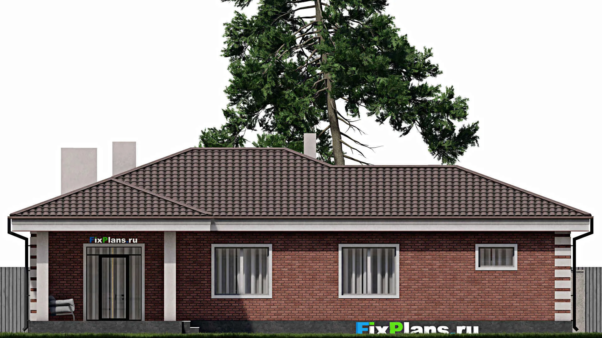 F-0827 - Проект одноэтажного дома 11 на 18, площадью 150 м² с террасой, гаражом на 1 машину и 3 спальнями