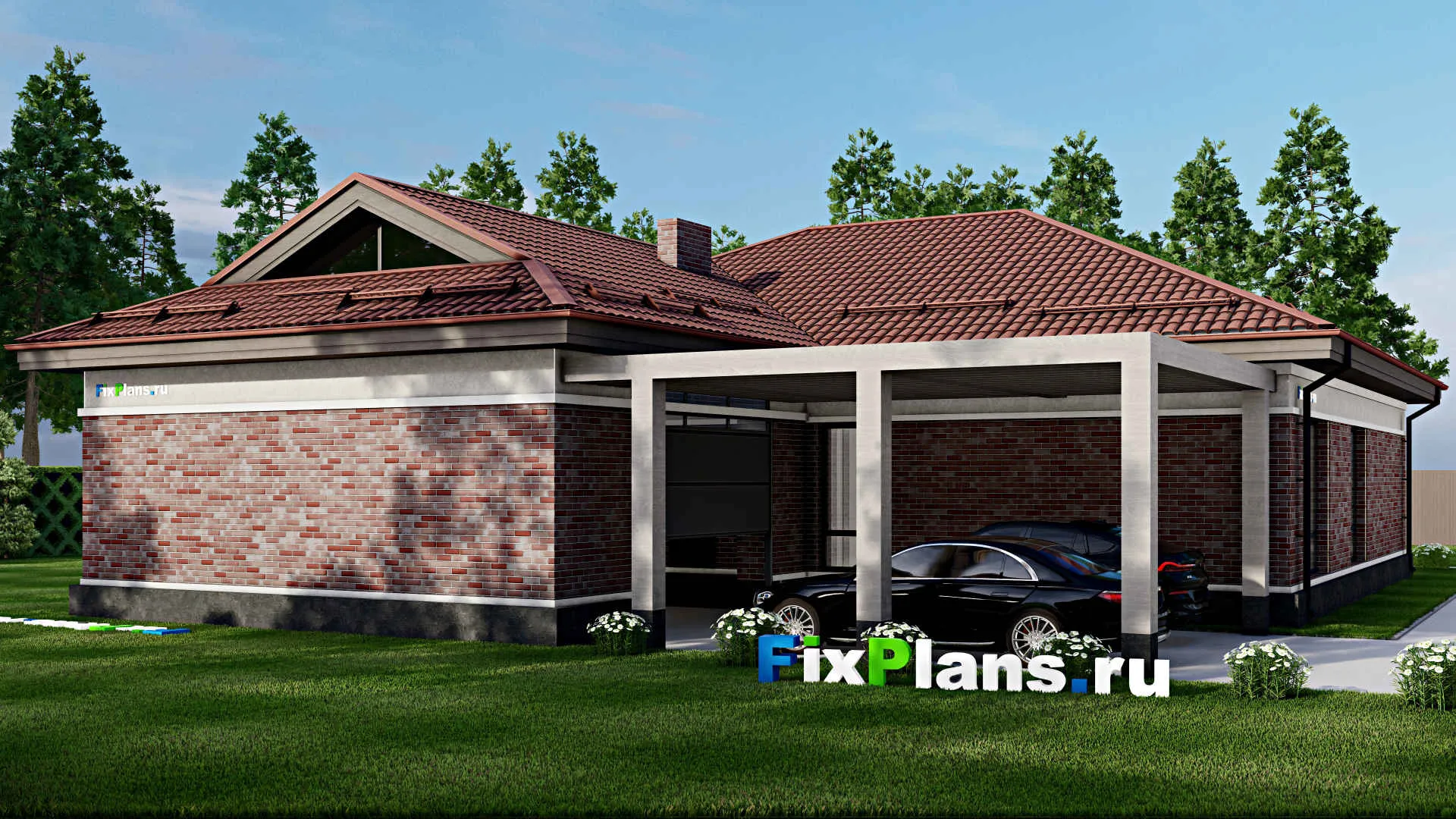 F-2204 - Проект одноэтажного дома 16 на 21, площадью 280 м² с террасой, гаражом на 2 машины и 3 спальнями