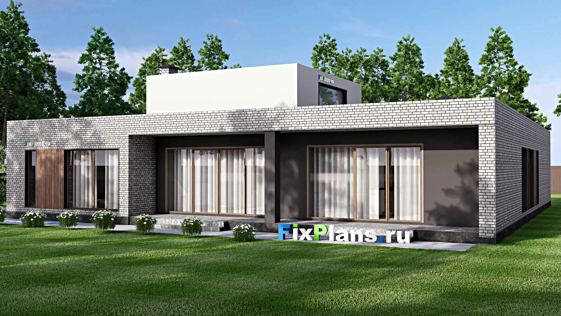 F-15749 - Проект одноэтажного дома 21 на 21, площадью 300 м² с террасой, гаражом на 2 машины и 3 спальнями