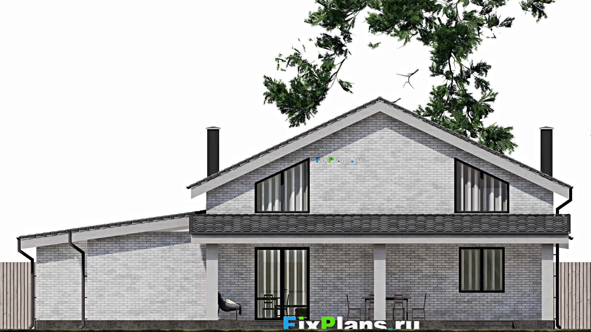 F-1421 - Планы дома с мансардой 17 на 17, площадью 240 м² с террасой, гаражом на 1 машину и 3 спальнями