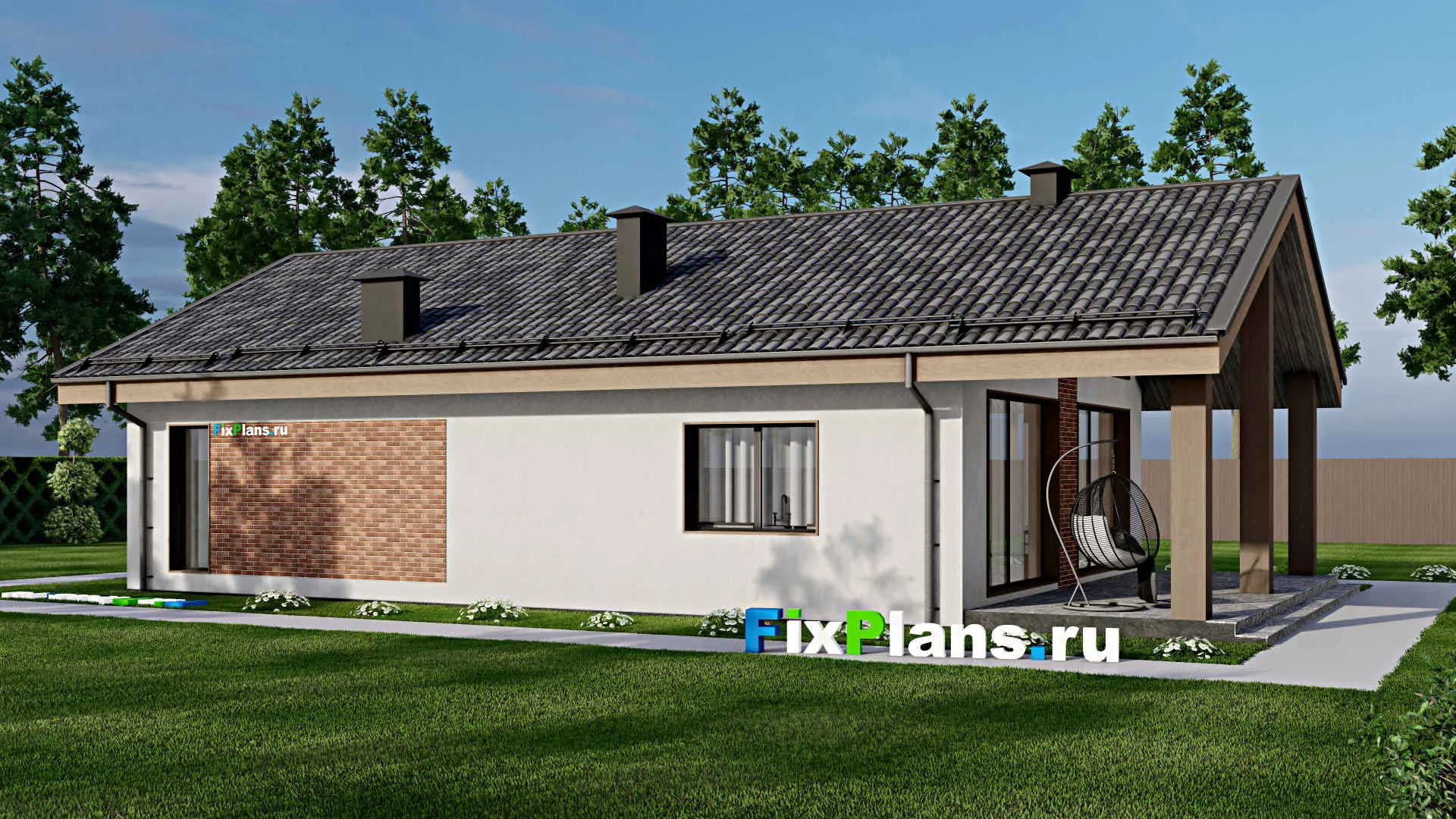 F-7208 - Проект одноэтажного дома 12 на 18, площадью 150 м² с террасой и 2 спальнями