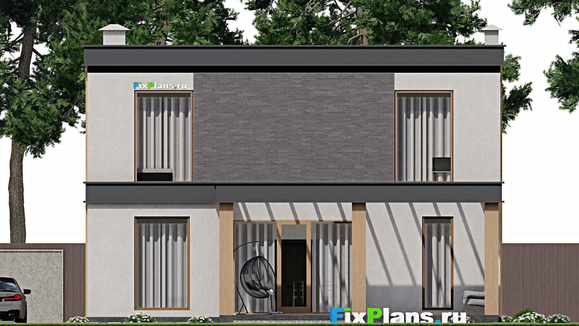 F-8666 - Планы двухэтажного дома 12 на 12, площадью 230 м² с террасой, балконом и 4 спальнями