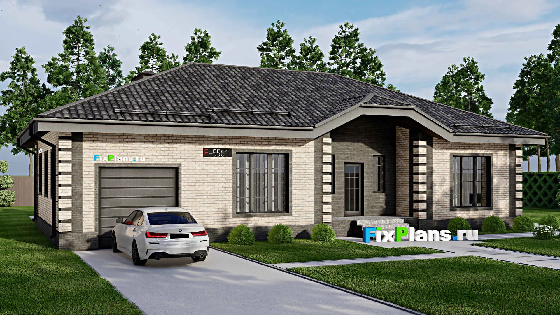 F-5561 - Проект одноэтажного дома 13 на 18, площадью 190 м² с террасой, гаражом на 1 машину и 3 спальнями