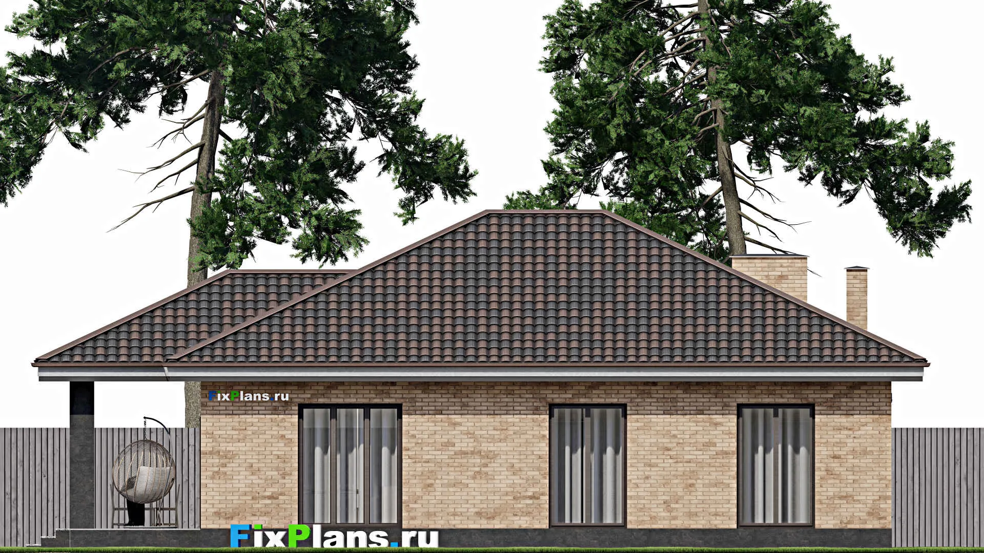 F-1448 - Проект одноэтажного дома 14 на 20, площадью 170 м² с террасой, гаражом на 1 машину и 3 спальнями