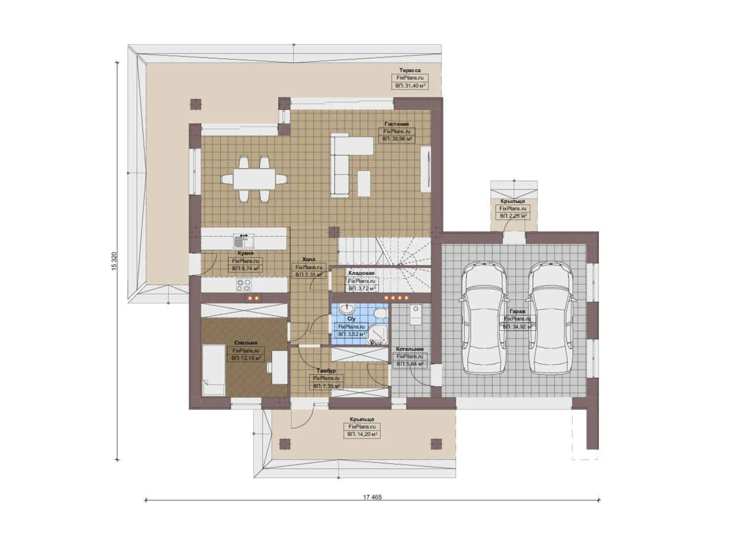 F-16145 - Планы дома с мансардой 16 на 18, площадью 290 м² с террасой, балконом, гаражом на 1 машину и 4 спальнями