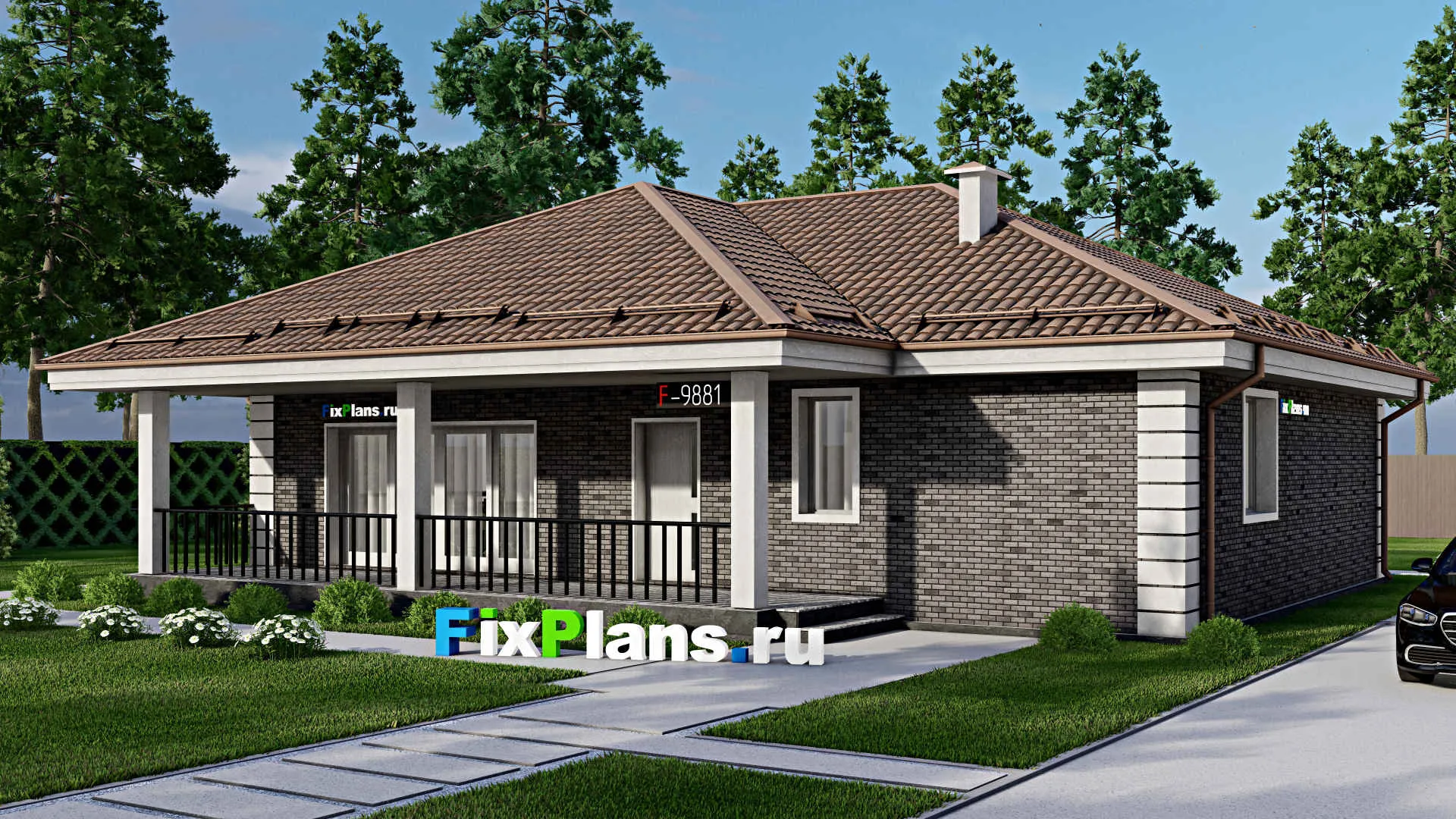 F-9881 - Проект одноэтажного дома 14 на 15, площадью 150 м² с террасой и 4 спальнями