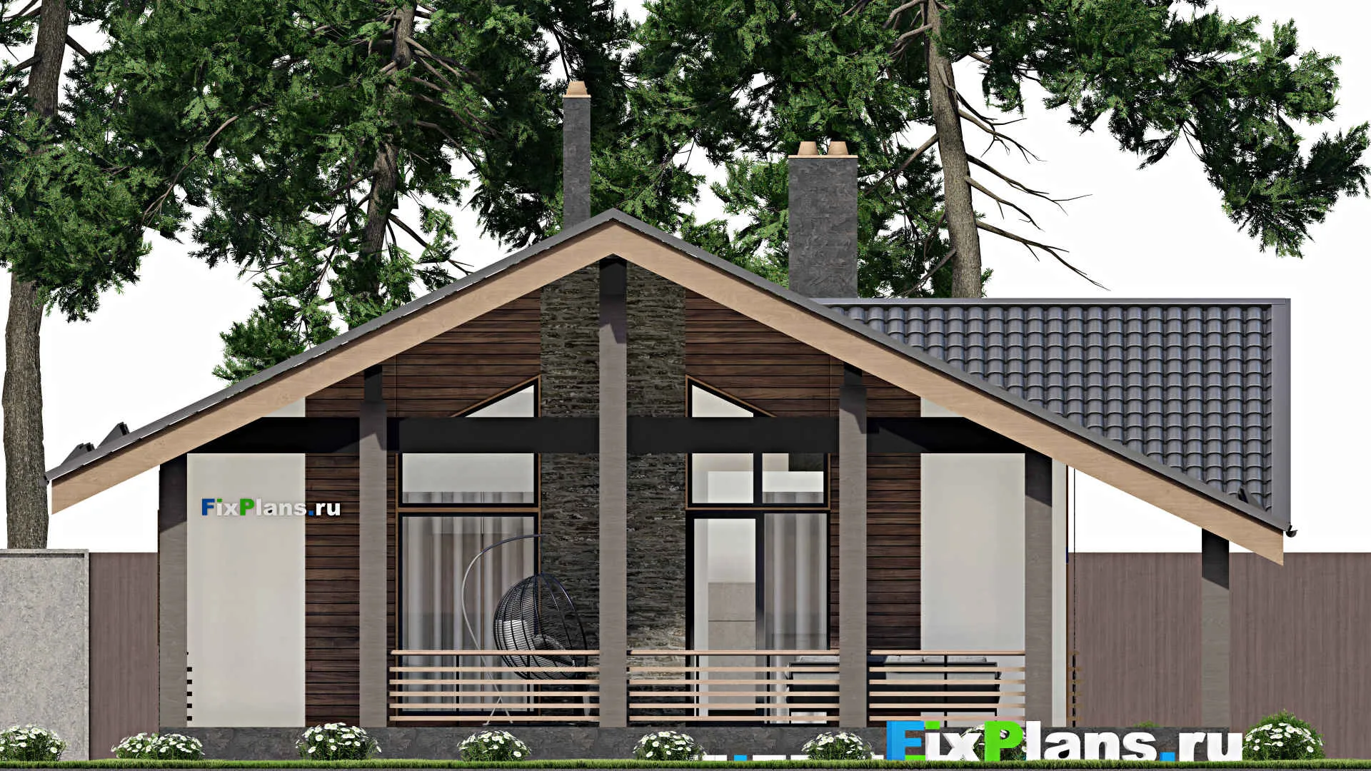 F-5174 - План одноэтажного дома 11 на 11, площадью 140 м² с террасой и 1 спальнями