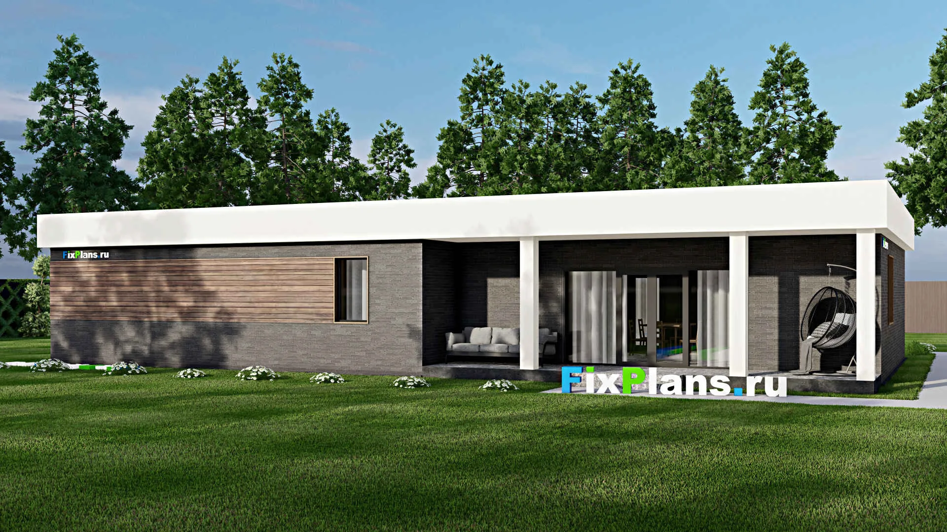 F-4976 - План одноэтажного дома 15 на 20, площадью 210 м² с террасой, гаражом на 2 машины и 3 спальнями