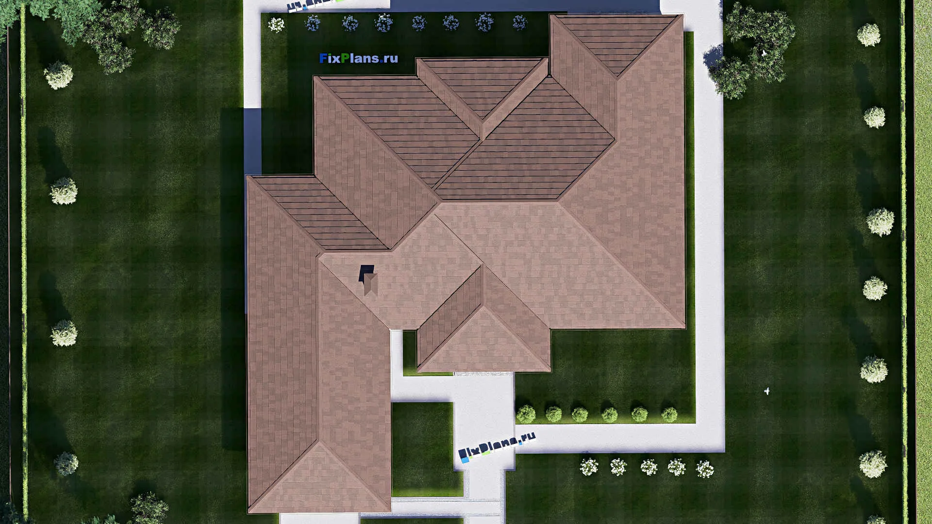 F-18674 - Проект одноэтажного дома 22 на 24, площадью 270 м² с террасой, гаражом на 2 машины и 3 спальнями