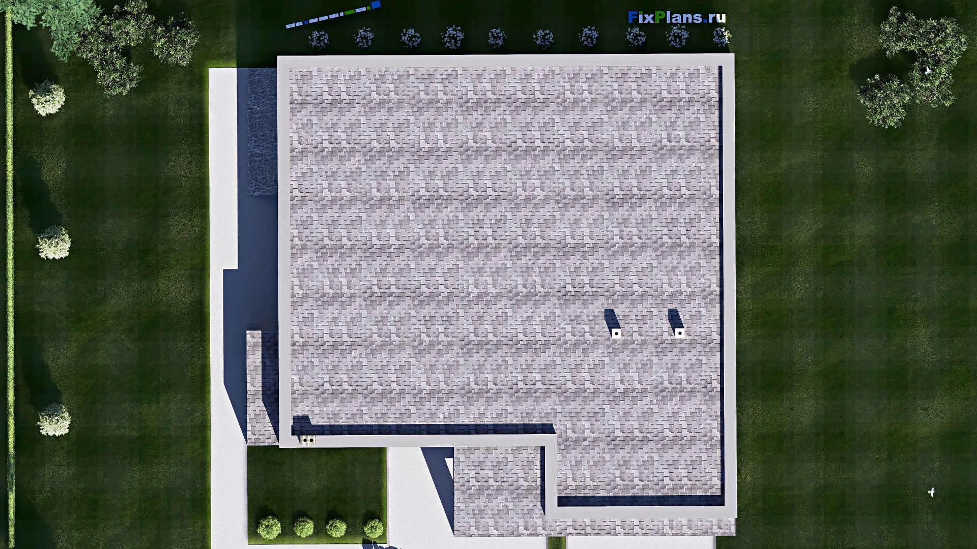F-19061 - Проект одноэтажного дома 20 на 21, площадью 370 м² с террасой, цокольным этажом, гаражом на 2 машины и 3 спальнями