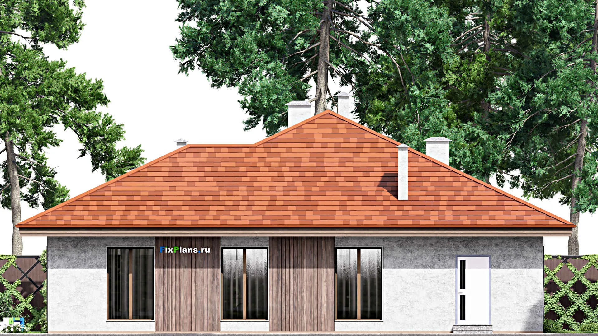 F-14228 - Проект одноэтажного дома 16 на 19, площадью 220 м² с террасой, баней и 3 спальнями