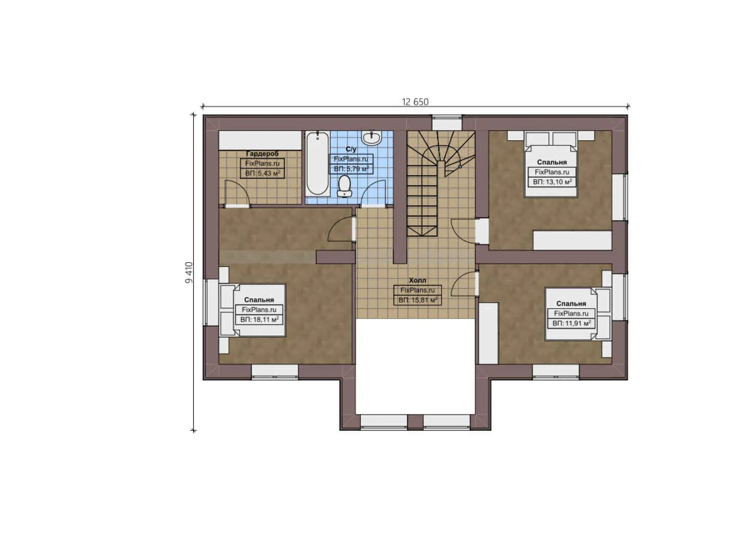 F-2051 - Планы дома с мансардой 10 на 13, площадью 170 м² с террасой и 4 спальнями