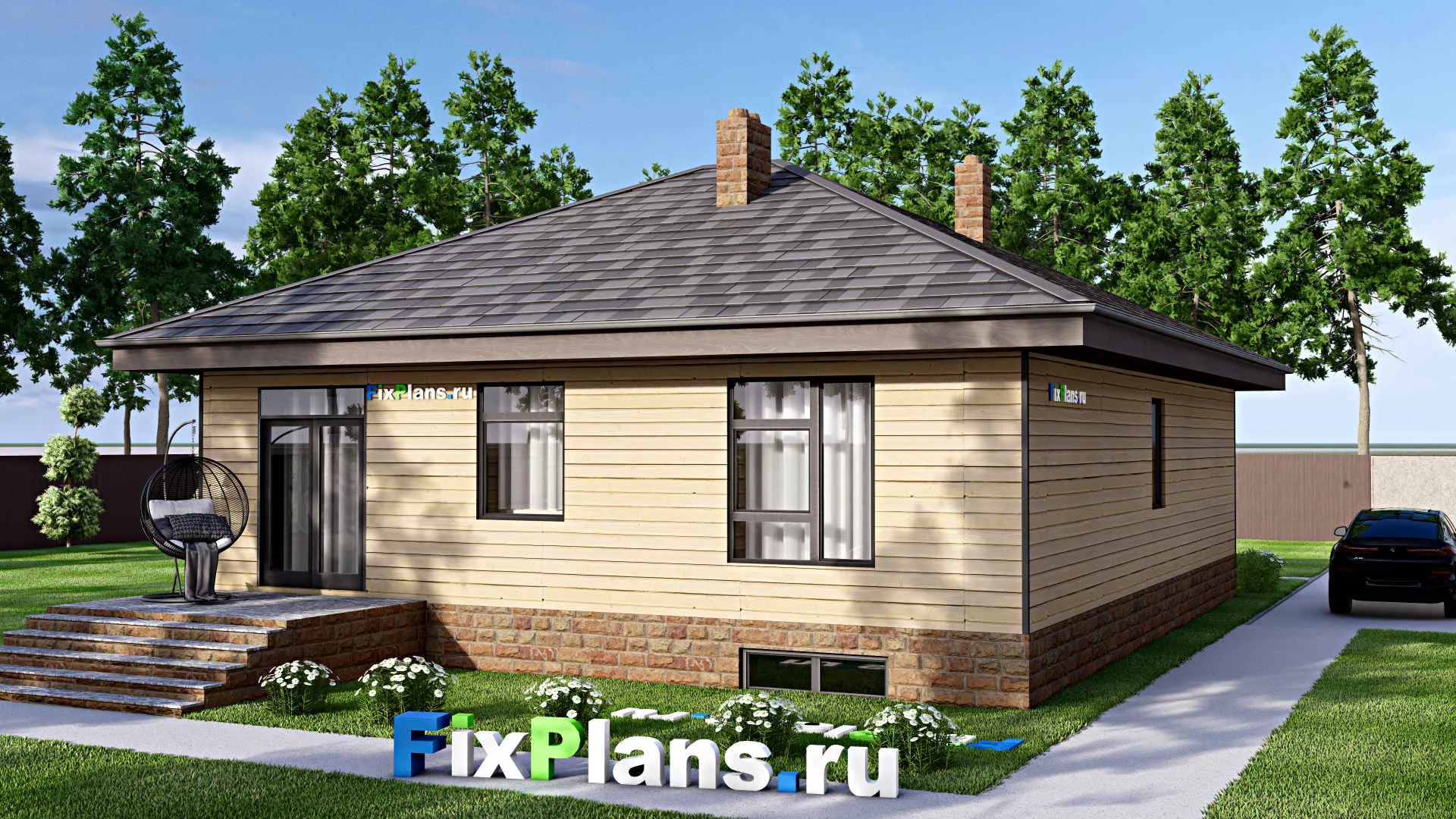 F-16775 - Проект одноэтажного дома 11 на 16, площадью 210 м² с террасой, цокольным этажом и 2 спальнями