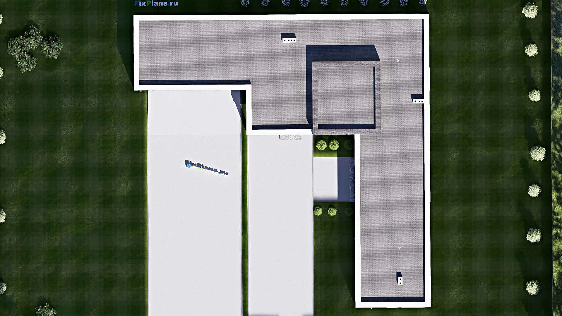 F-18908 - Проект одноэтажного дома 28 на 28, площадью 310 м² с террасой, баней, гаражом на 2 машины и 3 спальнями